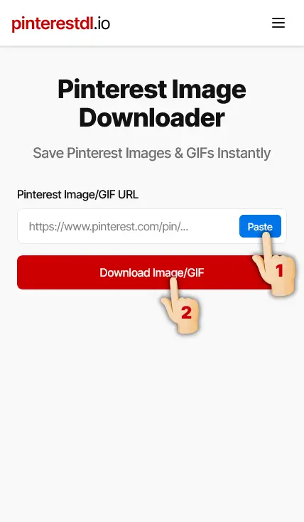 Step 2: Paste URL and process - Screenshot showing Pinterest image URL pasted into downloader form for processing