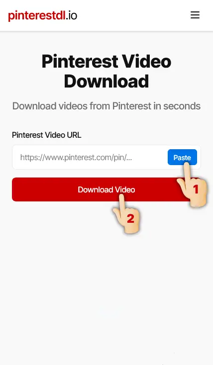 Step 2: Paste URL and process - Screenshot showing Pinterest video URL pasted into downloader form for processing